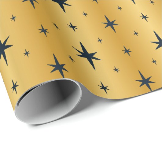 アンティークメタリック金ゴールドとネイビーブルースターズ ラッピングペーパー (ロールコーナー)