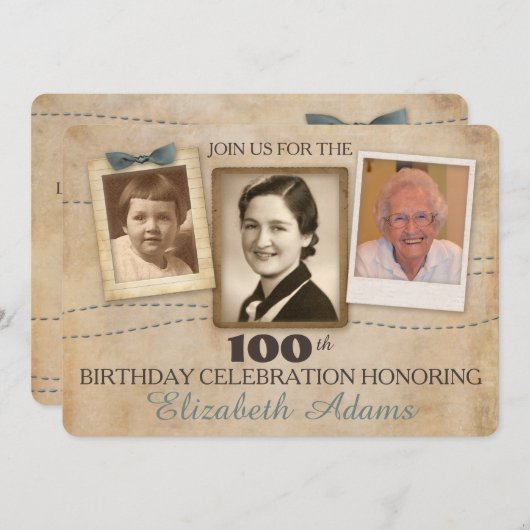 アンティークメモリ | 3枚の写真招待状 招待状 (正面/裏面)