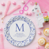 アンティークモナガムブルーホワイトフローラ誕生日 ペーパープレート (パーティー)