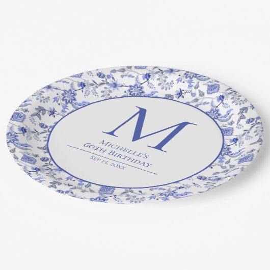 アンティークモナガムブルーホワイトフローラ誕生日 ペーパープレート (アングル)