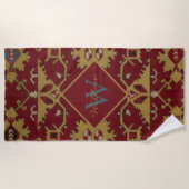 アンティークモノグラムのオリエンタルペルシアレッド ビーチタオル (正面)