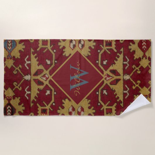 アンティークモノグラムのオリエンタルペルシアレッド ビーチタオル (正面)