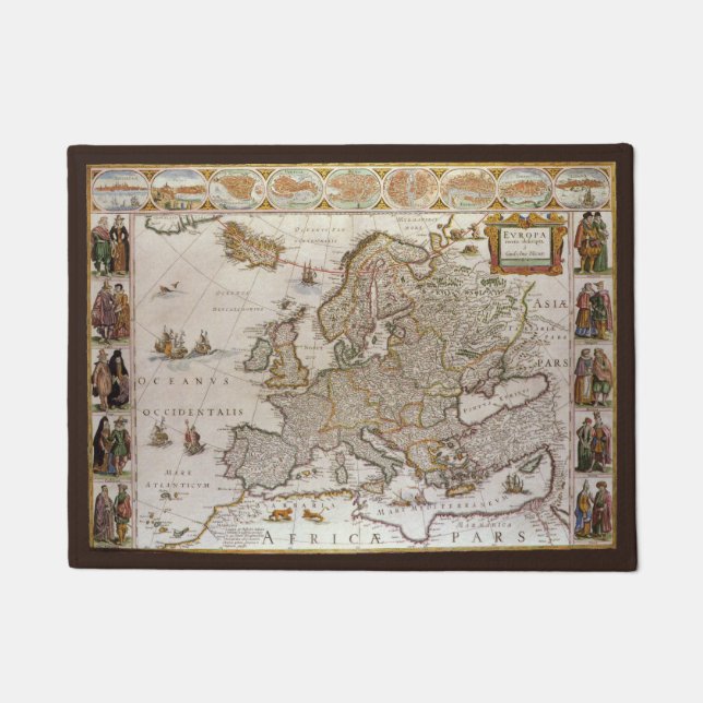 アンティークヨーロッパの地図Willem Jansz Blaeu, c1617 ドアマット (正面)