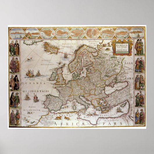 アンティークヨーロッパの地図Willem Jansz Blaeu, c1617 ポスター (正面)