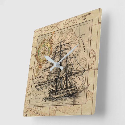 アンティークヨーロッパ地図セールマネ航海のリー スクエア壁時計 (傾斜)