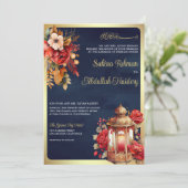 アンティークランタンレッドフローラネイビームスリム結婚ズ 招待状 (スタンド正面)