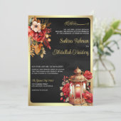 アンティークランタンレッドフローラブラックムスリム結婚ズ 招待状 (スタンド正面)