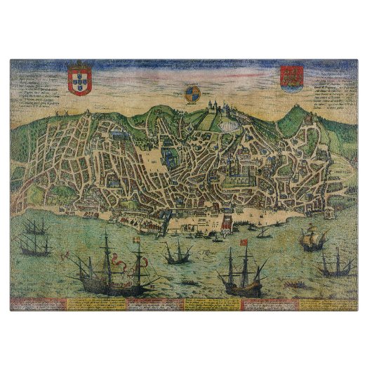 アンティークリスボン,ポルトガルの地図by Braun/Hogenberg カッティングボード (正面)