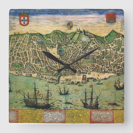 アンティークリスボン,ポルトガルの地図by Braun/Hogenberg スクエア壁時計 (正面)