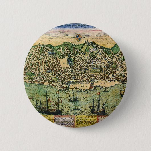 アンティークリスボン，ポルトガルの地図by Braun/Hogenberg 缶バッジ (正面)