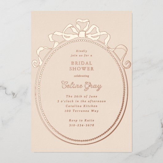 アンティークリボン弓ビクトリアン枠ブライダルシャワー 箔招待状 (正面)