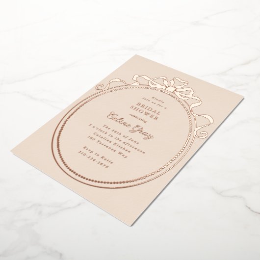 アンティークリボン弓ビクトリアン枠ブライダルシャワー 箔招待状 (回転した状態)