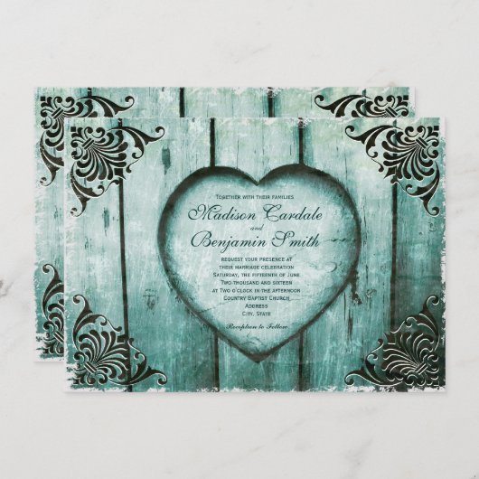 アンティークルックアクアハートオンウッド結婚式招待状 招待状 (正面/裏面)