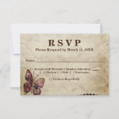 アンティークルックレース、ビーズ、蝶RSVPメニュー 招待状 (正面)