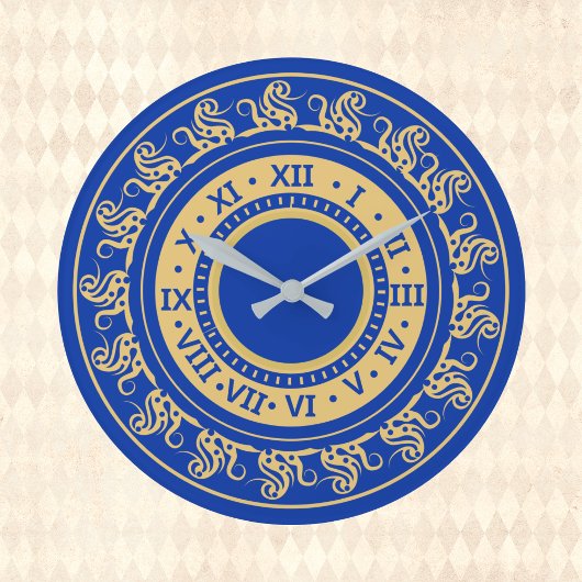 アンティークルック深いブルーと金ゴールド中世の数字 ラージ壁時計