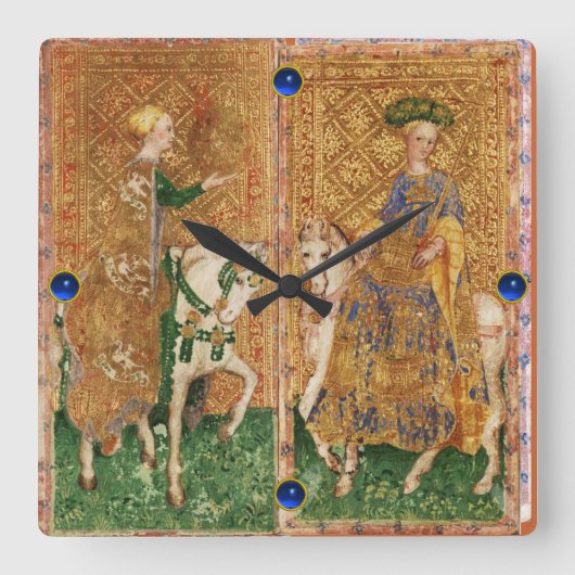 アンティークルネッサンスのタロッツ/コインとワンダの女性 スクエア壁時計 (正面)
