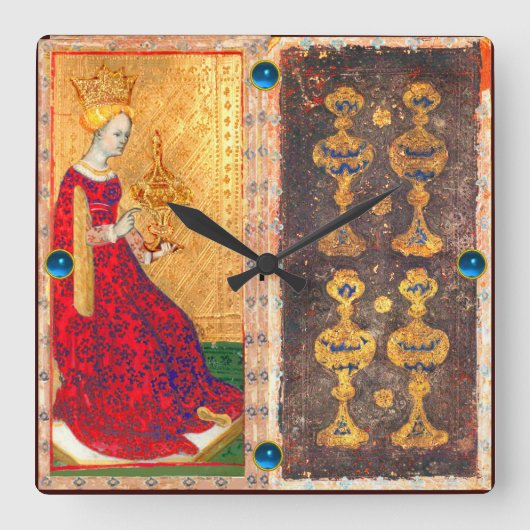 アンティークルネッサンスタロット/4とカップのクイーン スクエア壁時計 (正面)