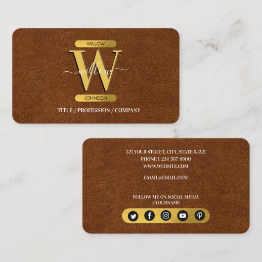 アンティークレザーフェイク&金ゴールドモノグラムソーシャルメディア 名刺 (正面/裏面)