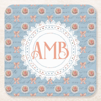 アンティークレタリングヴィンテージバラ パーソナライズされた スクエアペーパーコースター