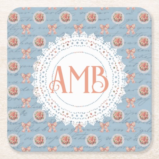 アンティークレタリングヴィンテージバラ パーソナライズされた スクエアペーパーコースター (正面)