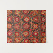 アンティークレッドオレンジ白フローラウズベク刺繍 タペストリー (正面(横))