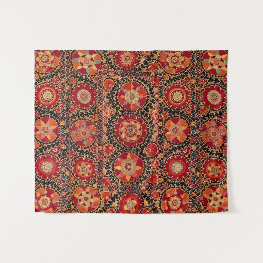 アンティークレッドオレンジ白フローラウズベク刺繍 タペストリー (正面(横))