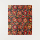 アンティークレッドオレンジ白フローラウズベク刺繍 タペストリー (正面)