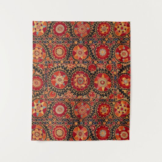 アンティークレッドオレンジ白フローラウズベク刺繍 タペストリー (正面)