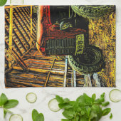 アンティークレッドトラクター素朴バーン キッチンタオル (折り畳み)