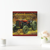 アンティークレッドトラクター素朴バーン スクエア壁時計 (ホーム)