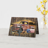 アンティークレッドトラックヴィンテージレッドトラックファームトラックカー カード (黄色い花)