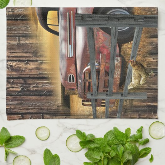 アンティークレッドトラックヴィンテージレッドトラックファームトラック キッチンタオル (折り畳み)