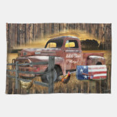 アンティークレッドトラックヴィンテージレッドトラックファームトラック キッチンタオル (横)