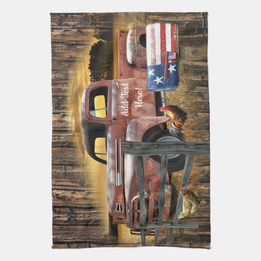 アンティークレッドトラックヴィンテージレッドトラックファームトラック キッチンタオル (縦)