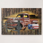 アンティークレッドトラックヴィンテージレッドトラックファームトラック ジグソーパズル (横)