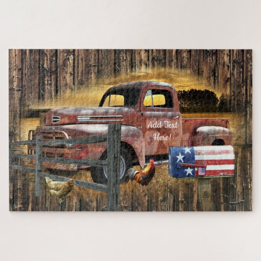 アンティークレッドトラックヴィンテージレッドトラックファームトラック ジグソーパズル (横)