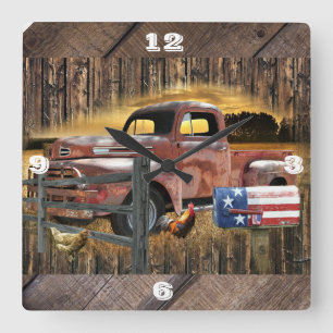 アンティークレッドトラックヴィンテージレッドトラックファームトラック スクエア壁時計