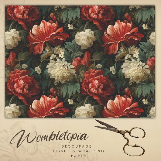 アンティークレッド&クリームフローラデコページ 薄葉紙