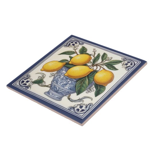 アンティークレモンアートヴィンテージブルー&イエローレモン タイル (側面)