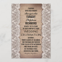 アンティークレースとラスティックな麻布の結婚式招待状