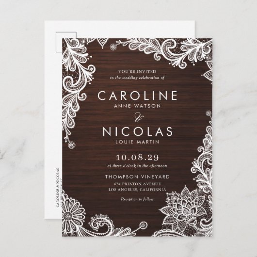 アンティークレースウッエレガントドカントリーウェディング インビテーションポストカード (正面/裏面)