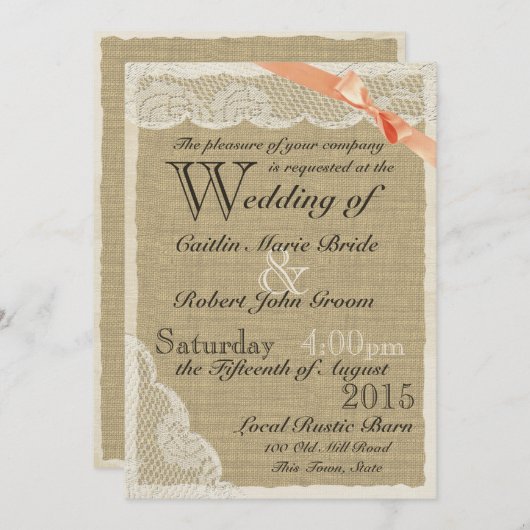 アンティークレースコーラルボウカントリーウェディング 招待状 (正面/裏面)