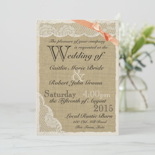 アンティークレースコーラルボウカントリーウェディング 招待状 (スタンド正面)