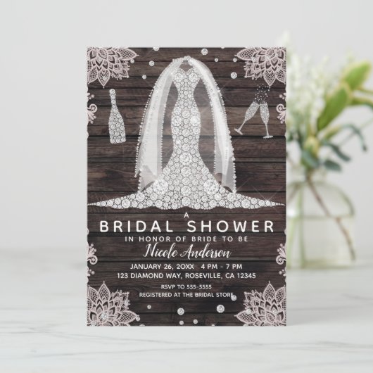 アンティークレースダイヤモンドウェディングドレス ブライダルシャワー 招待状 (スタンド正面)