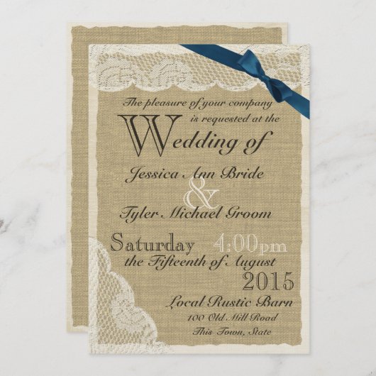 アンティークレースネイビーボウカントリーウェディング 招待状 (正面/裏面)