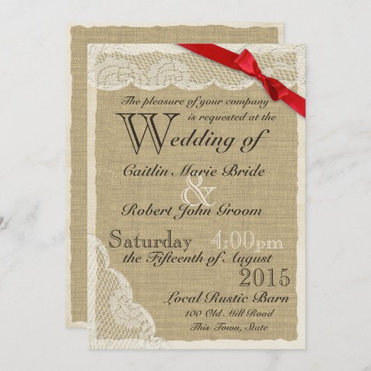 アンティークレースレッドボウカントリーウェディング 招待状 (正面/裏面)