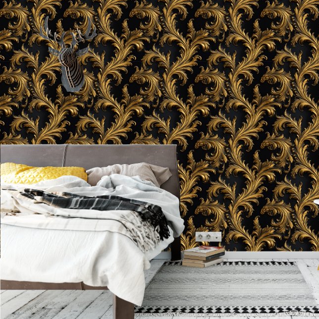 アンティークロココブラック金ゴールドバロック 壁紙 (Antique Rococo Black Gold Baroque Wallpaper)