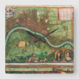 アンティークロンドン通り地図byヨハネス・デ・ラム， 1689 スクエア壁時計