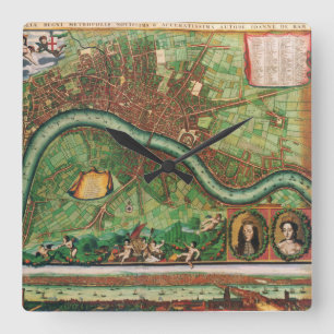 アンティークロンドン通り地図byヨハネス・デ・ラム, 1689 スクエア壁時計