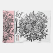 アンティークローズブッシュ – あなたの選択の文字ピンク キッチンタオル (横)